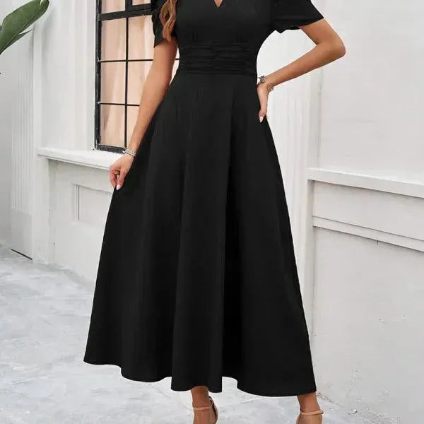 V-Neck Puff Sleeve Midi Dress
