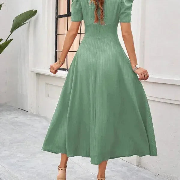 V-Neck Puff Sleeve Midi Dress