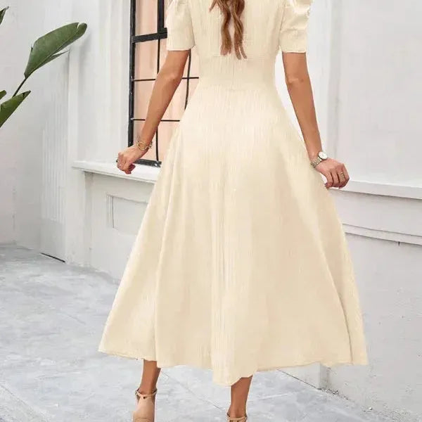 V-Neck Puff Sleeve Midi Dress