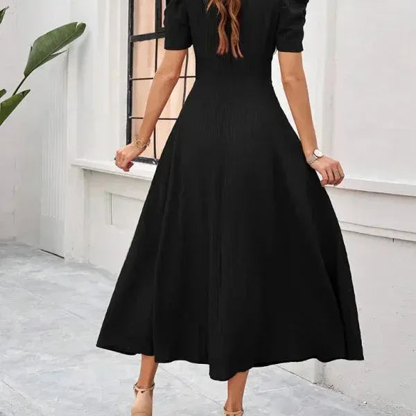 V-Neck Puff Sleeve Midi Dress