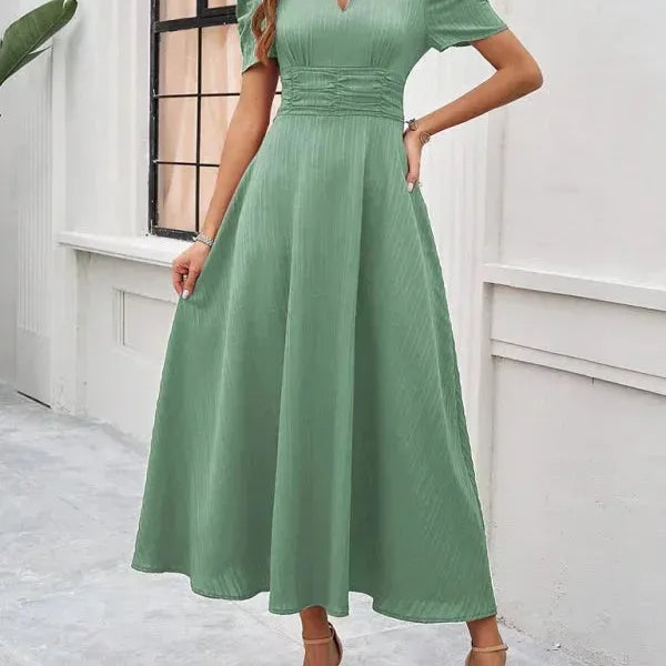 V-Neck Puff Sleeve Midi Dress