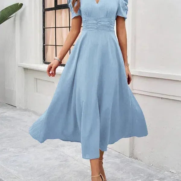 V-Neck Puff Sleeve Midi Dress