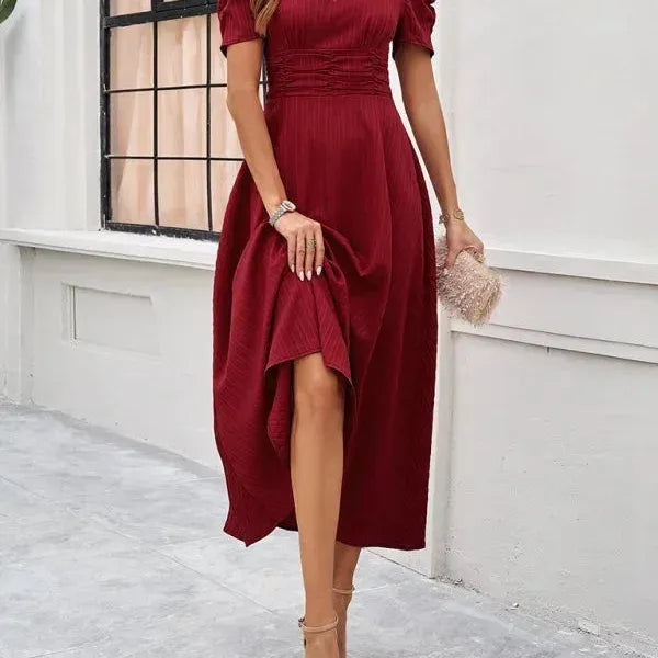 V-Neck Puff Sleeve Midi Dress