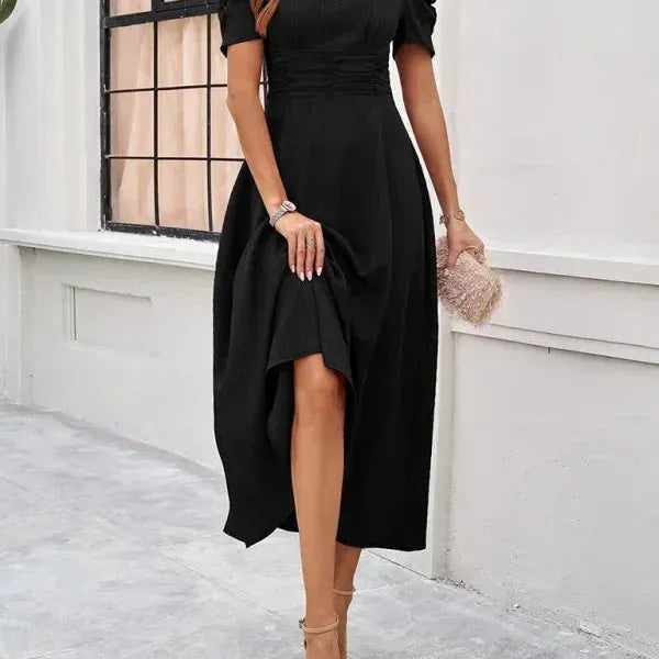 V-Neck Puff Sleeve Midi Dress