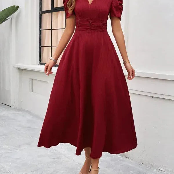 V-Neck Puff Sleeve Midi Dress