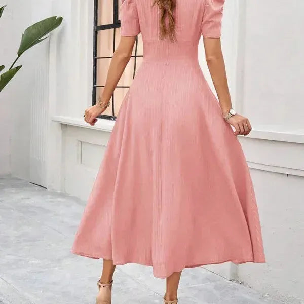 V-Neck Puff Sleeve Midi Dress
