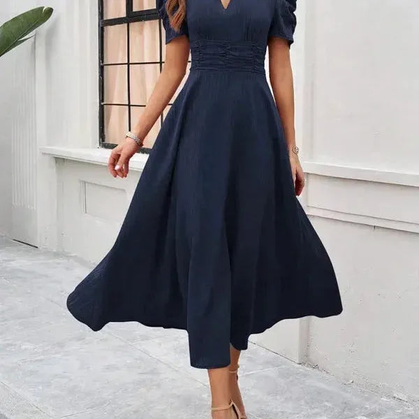 V-Neck Puff Sleeve Midi Dress