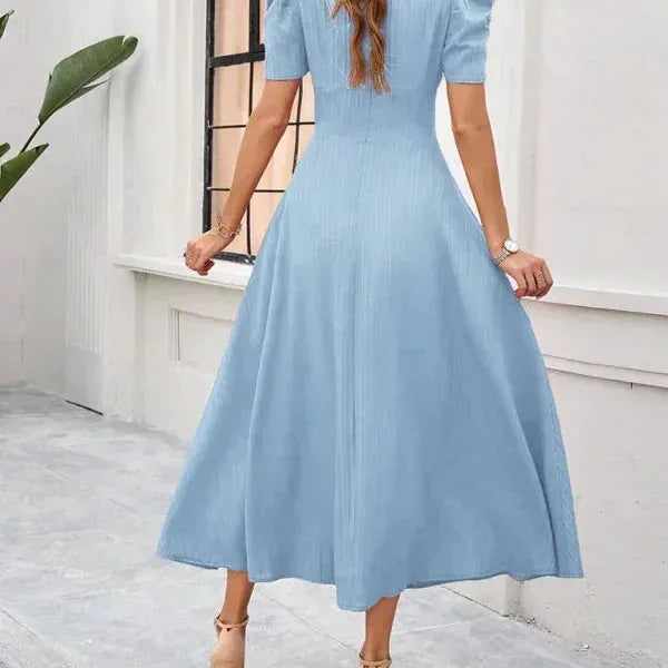 V-Neck Puff Sleeve Midi Dress