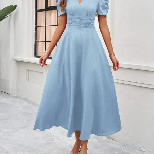 V-Neck Puff Sleeve Midi Dress