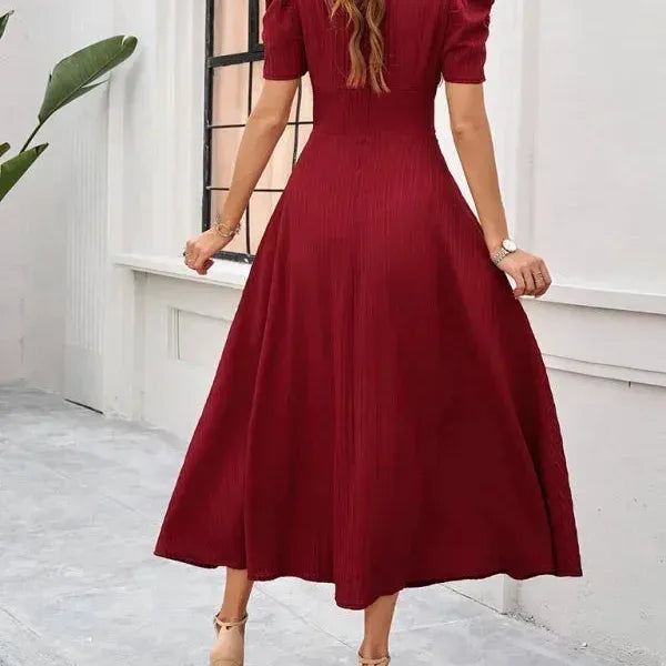 V-Neck Puff Sleeve Midi Dress
