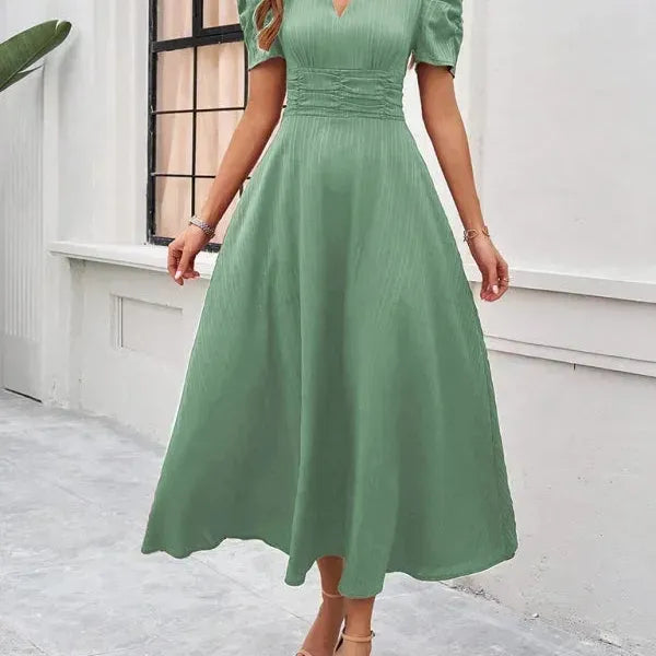 V-Neck Puff Sleeve Midi Dress