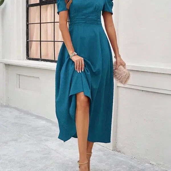 V-Neck Puff Sleeve Midi Dress