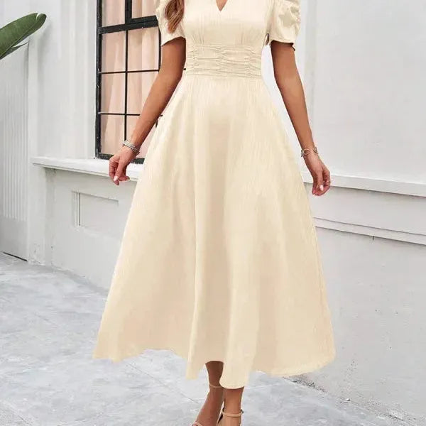 V-Neck Puff Sleeve Midi Dress