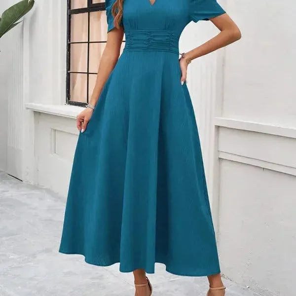 V-Neck Puff Sleeve Midi Dress