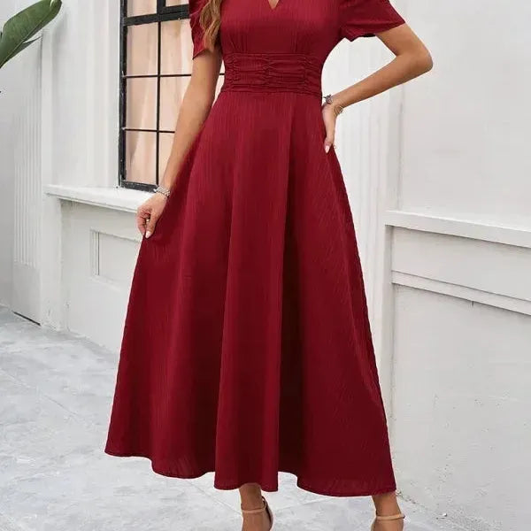V-Neck Puff Sleeve Midi Dress