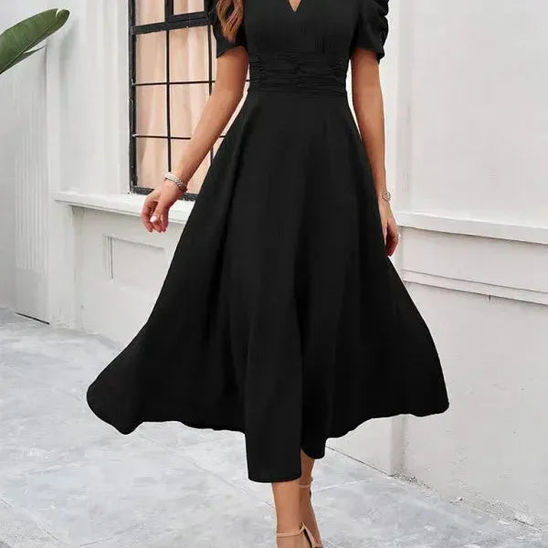 V-Neck Puff Sleeve Midi Dress
