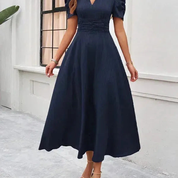 V-Neck Puff Sleeve Midi Dress