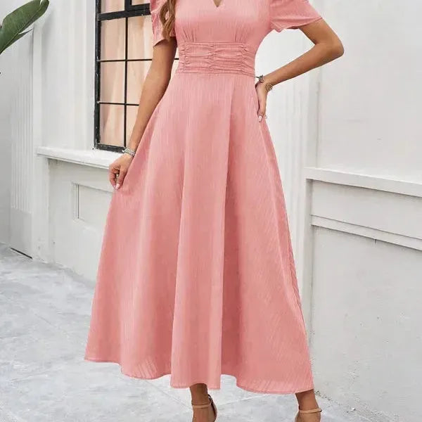 V-Neck Puff Sleeve Midi Dress