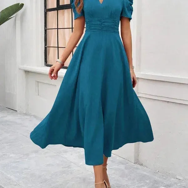 V-Neck Puff Sleeve Midi Dress