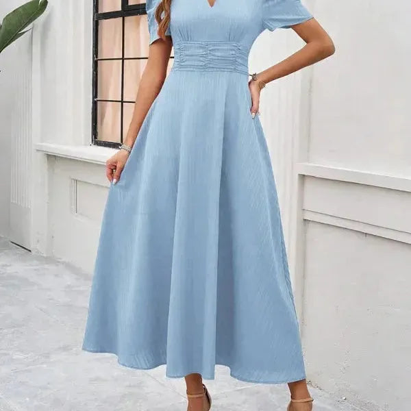 V-Neck Puff Sleeve Midi Dress