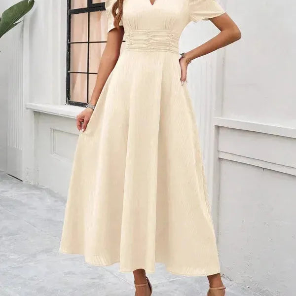 V-Neck Puff Sleeve Midi Dress