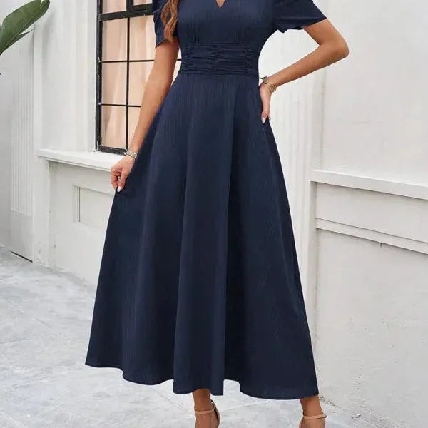V-Neck Puff Sleeve Midi Dress