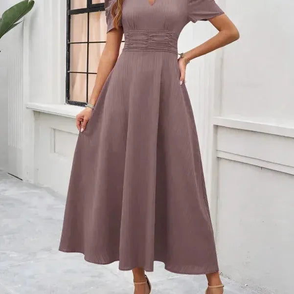 V-Neck Puff Sleeve Midi Dress