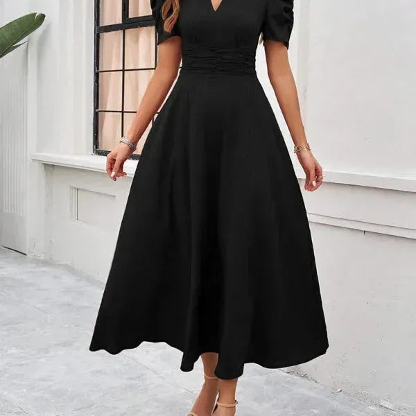 V-Neck Puff Sleeve Midi Dress