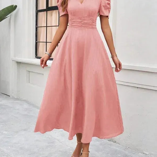 V-Neck Puff Sleeve Midi Dress