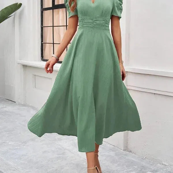 V-Neck Puff Sleeve Midi Dress
