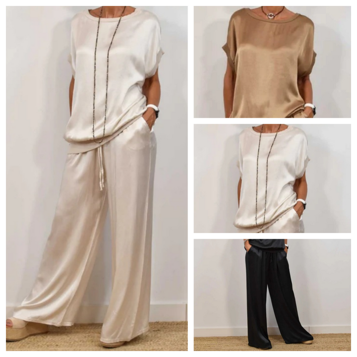 Silky-Look Blouse And Wide-Leg Pants Set