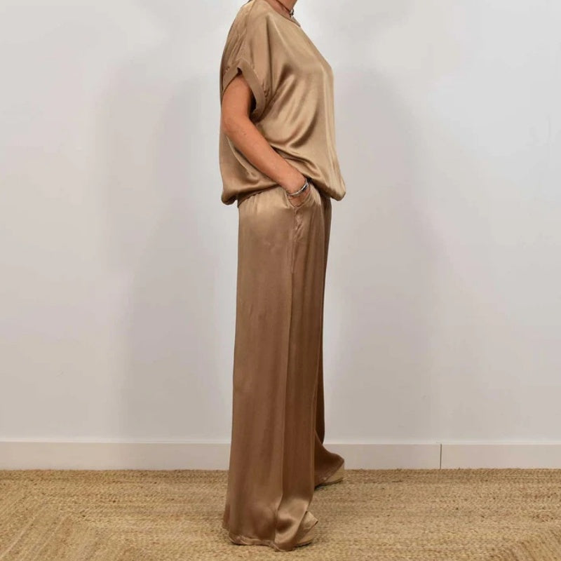 Silky-Look Blouse And Wide-Leg Pants Set