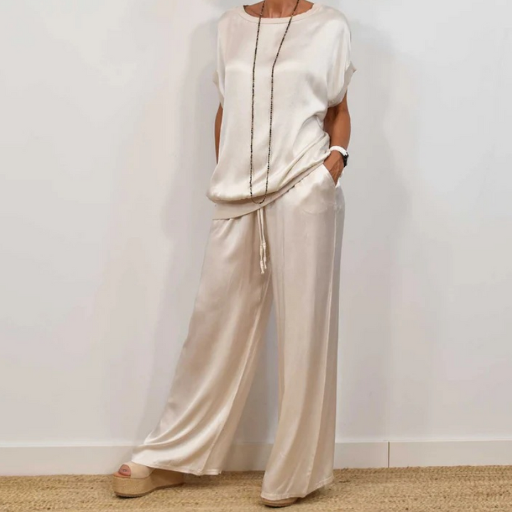 Silky-Look Blouse And Wide-Leg Pants Set
