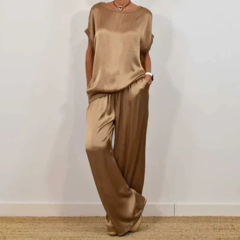 Silky-Look Blouse And Wide-Leg Pants Set