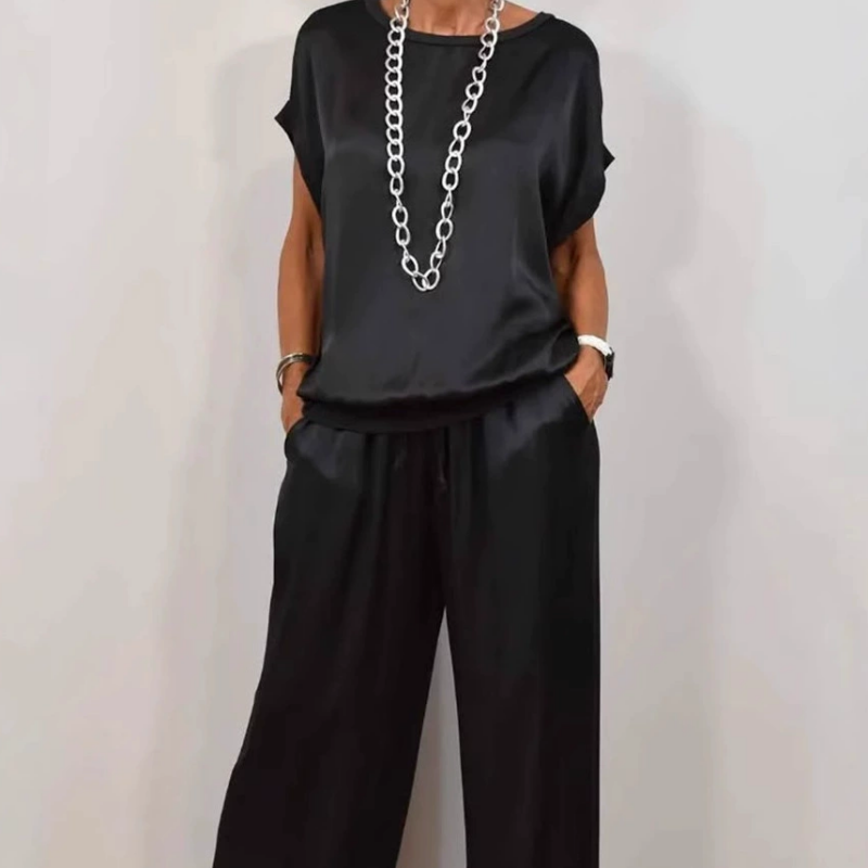 Silky-Look Blouse And Wide-Leg Pants Set