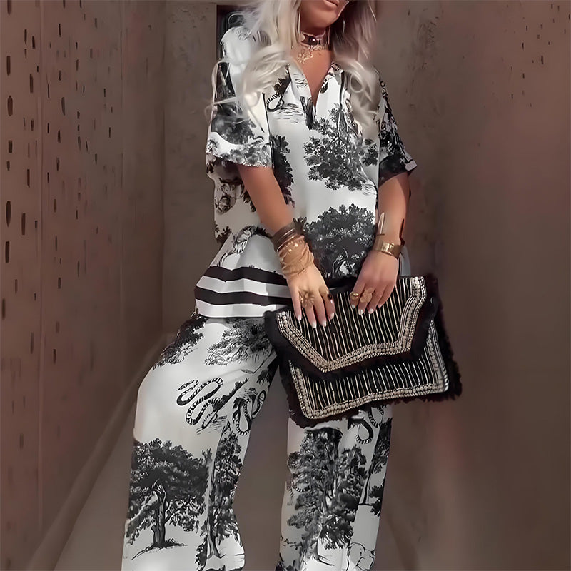 Printed V-Neck Top And Wide-Leg Pants Set