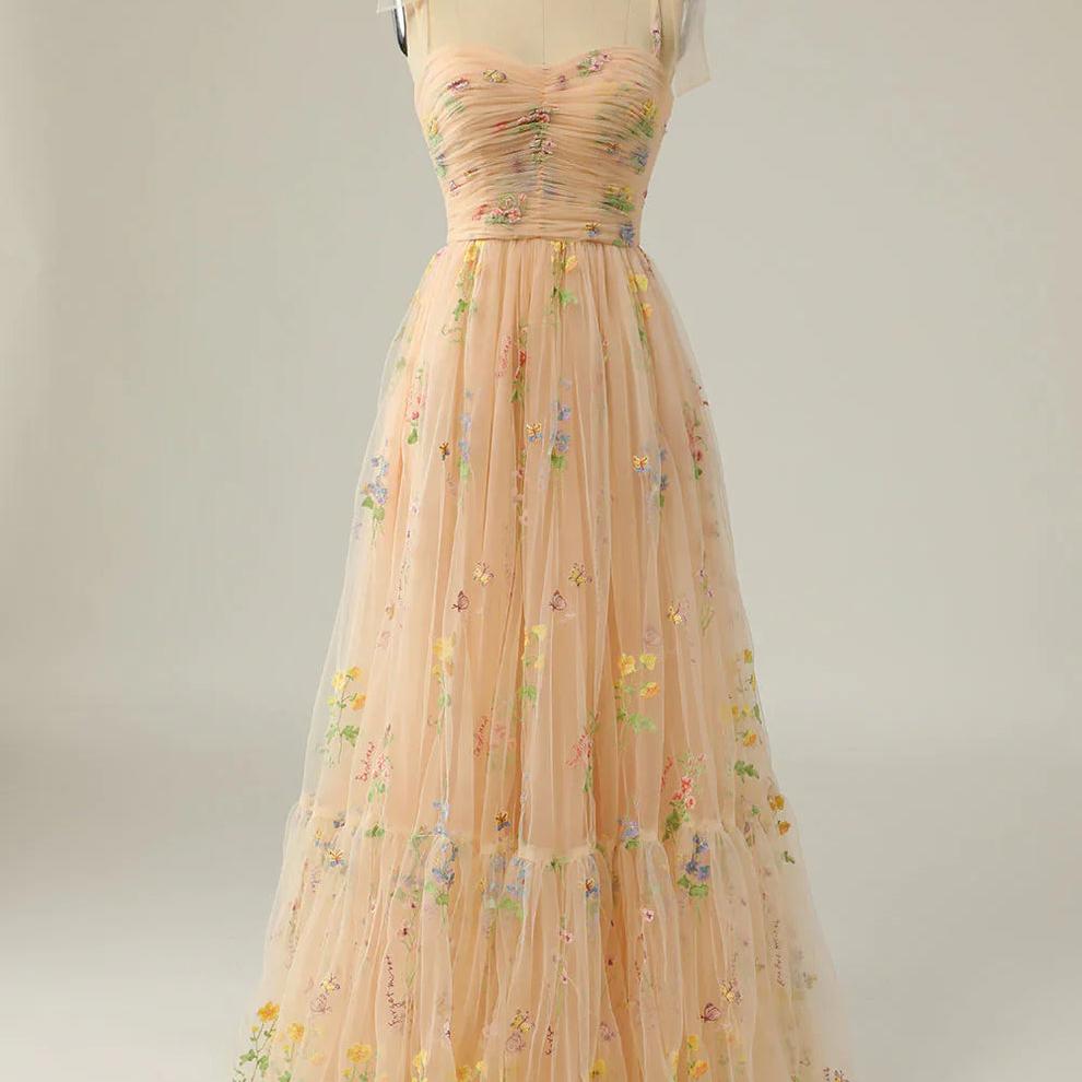 Floral Embroidered Tulle-Style Ball Gown