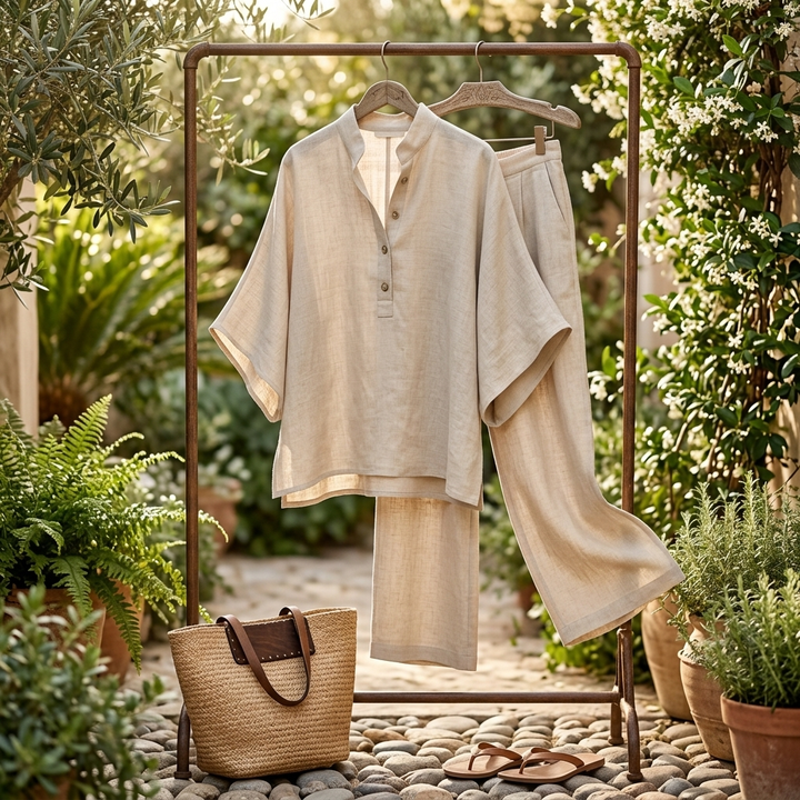 Mandarin Collar Kimono Sleeve Top And Wide-Leg Pant Set