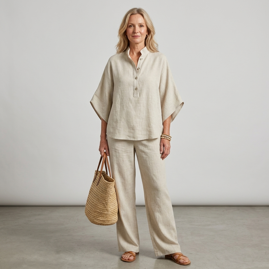 Mandarin Collar Kimono Sleeve Top And Wide-Leg Pant Set