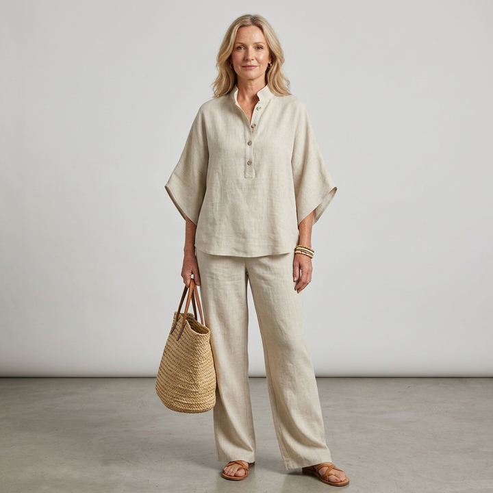 Mandarin Collar Kimono Sleeve Top And Wide-Leg Pant Set