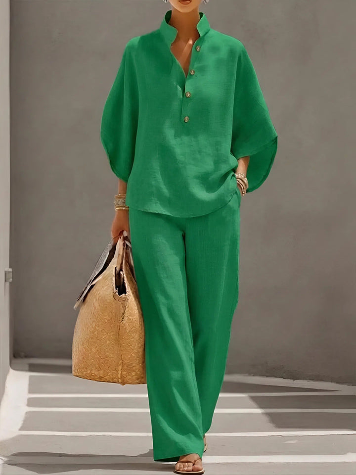 Mandarin Collar Kimono Sleeve Top And Wide-Leg Pant Set