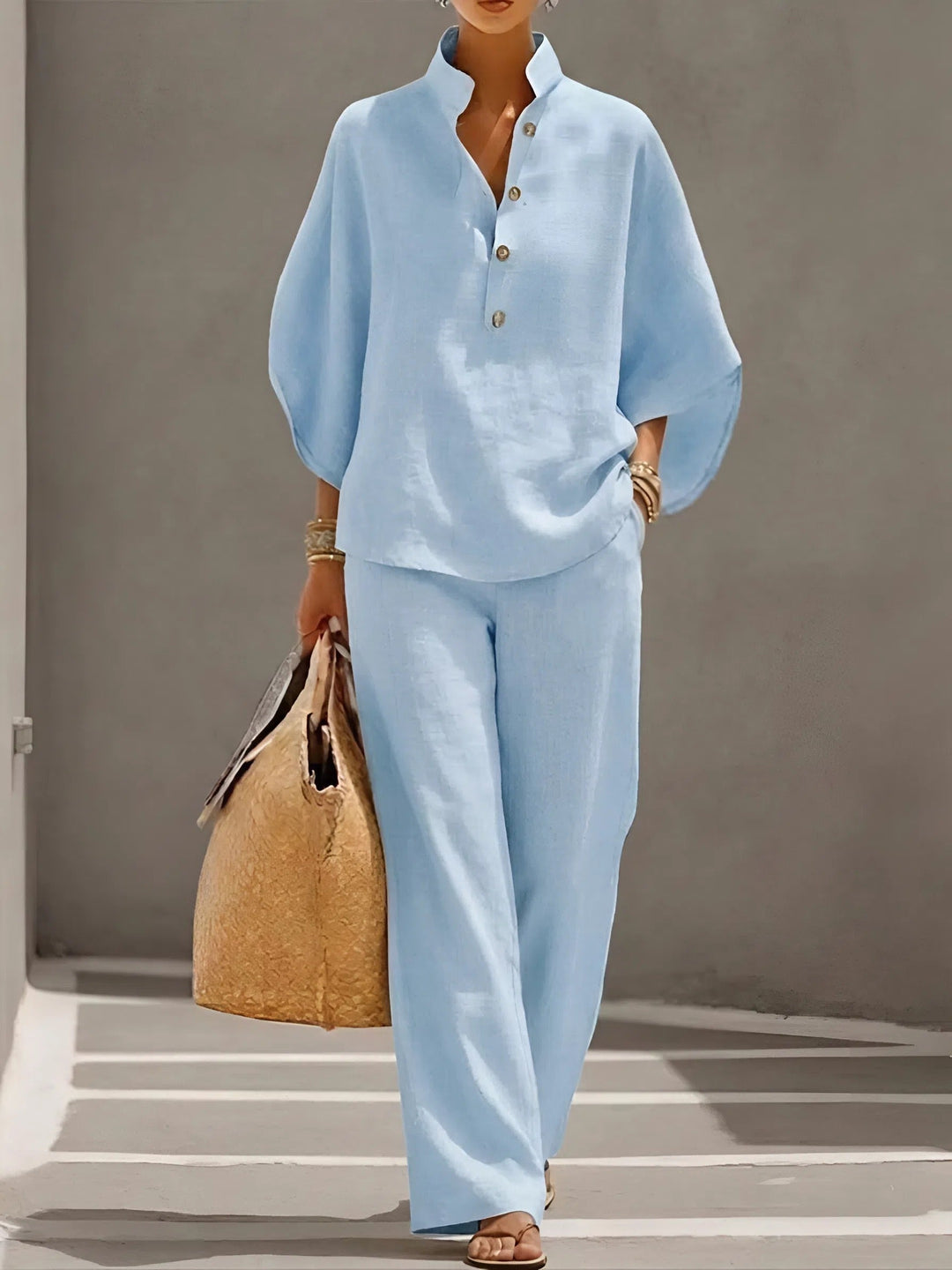 Mandarin Collar Kimono Sleeve Top And Wide-Leg Pant Set