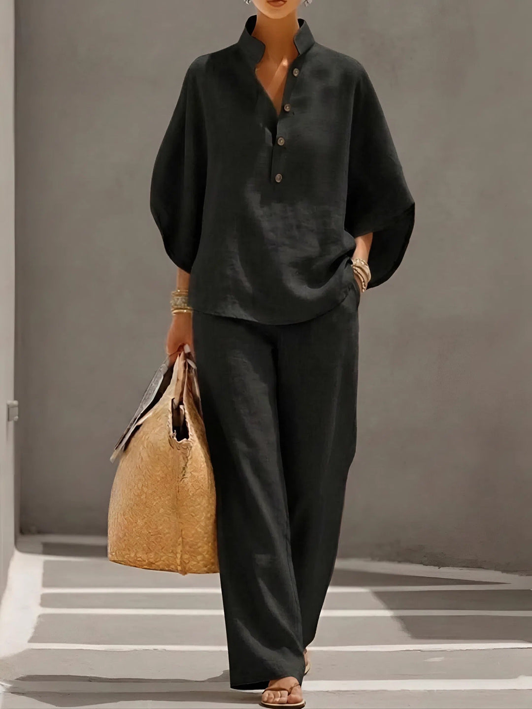 Mandarin Collar Kimono Sleeve Top And Wide-Leg Pant Set