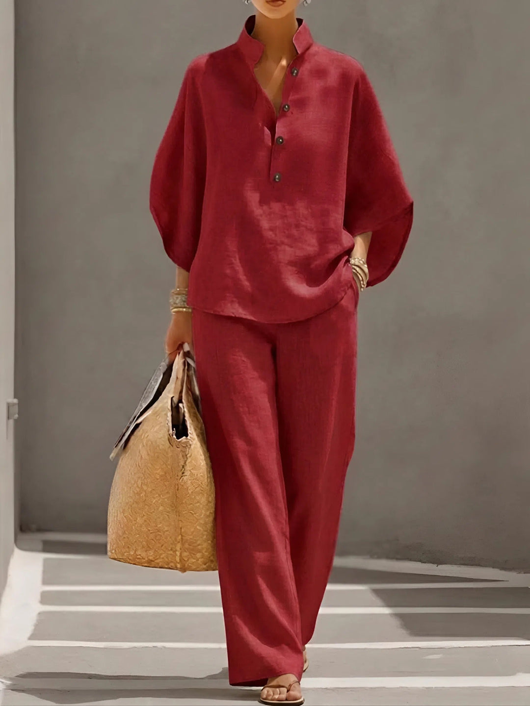 Mandarin Collar Kimono Sleeve Top And Wide-Leg Pant Set