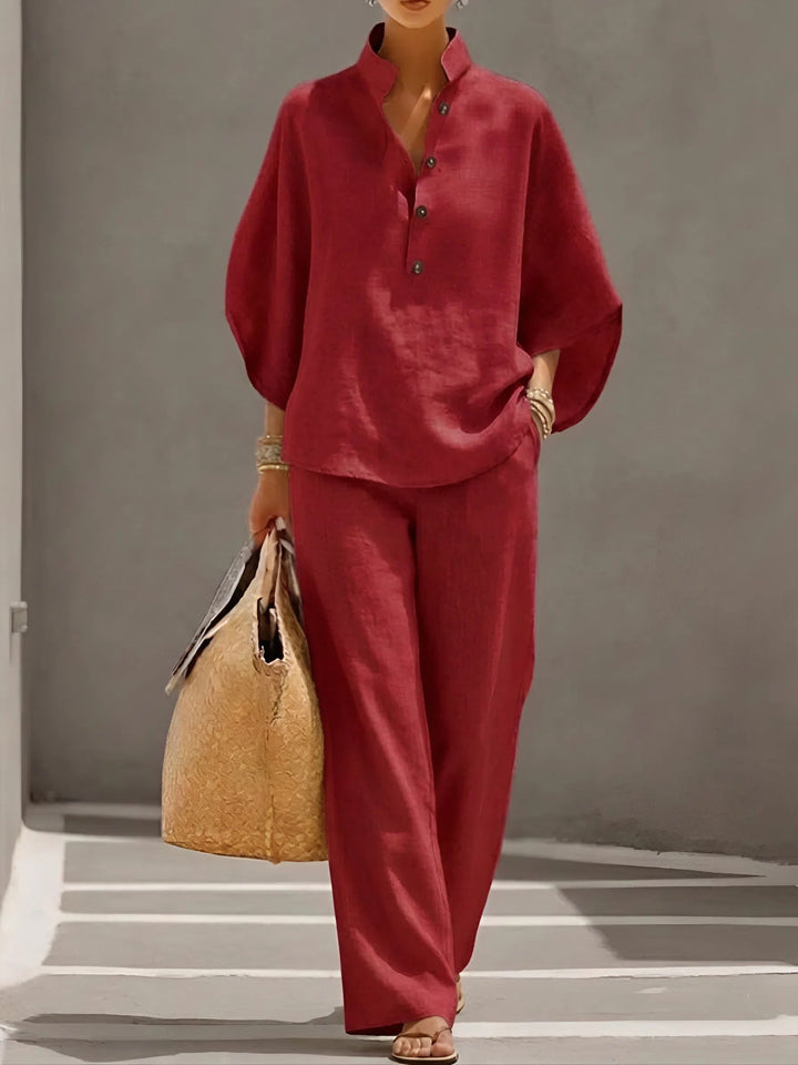 Mandarin Collar Kimono Sleeve Top And Wide-Leg Pant Set