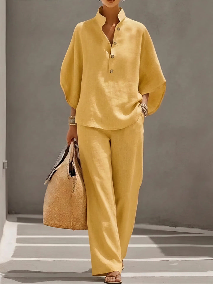 Mandarin Collar Kimono Sleeve Top And Wide-Leg Pant Set