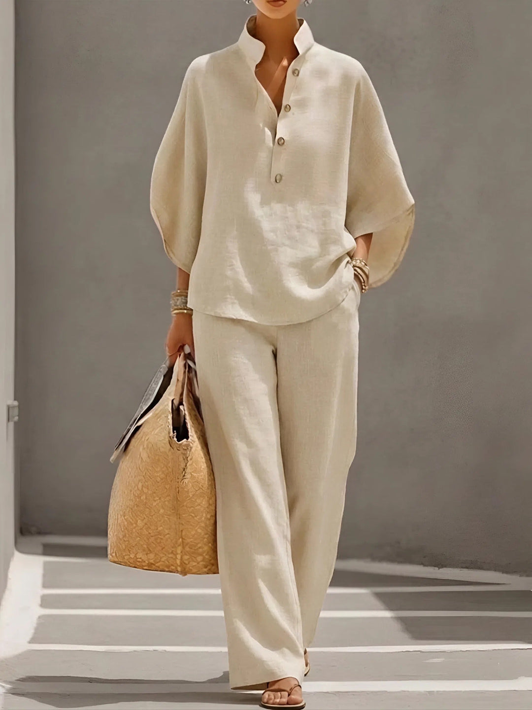 Mandarin Collar Kimono Sleeve Top And Wide-Leg Pant Set