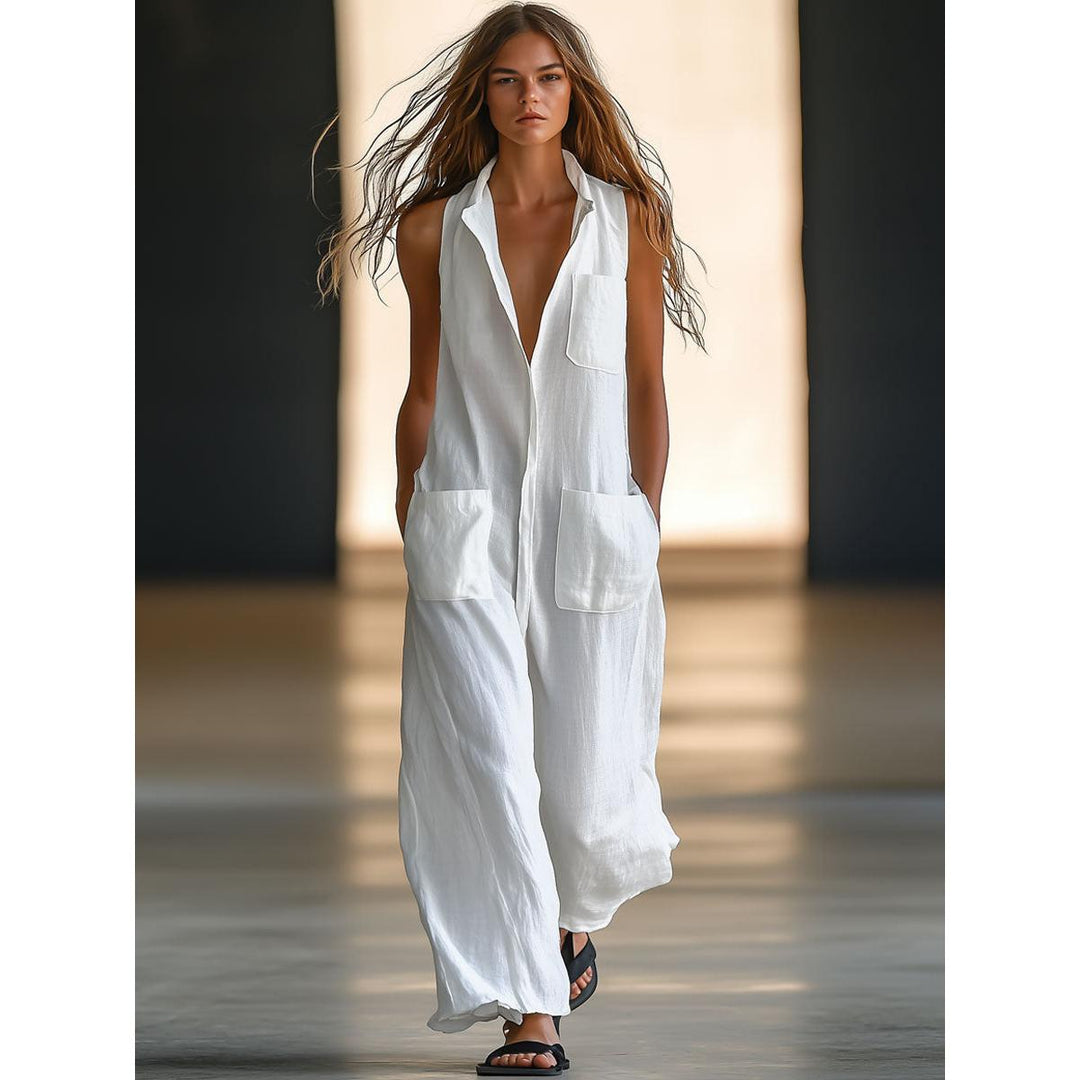 Collared Patch Pocket Sleeveless Jumpsuit