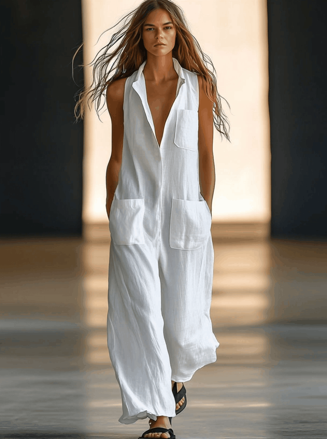 Collared Patch Pocket Sleeveless Jumpsuit