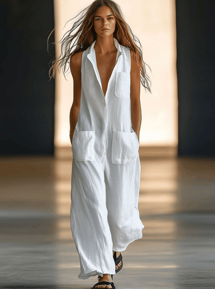 Collared Patch Pocket Sleeveless Jumpsuit